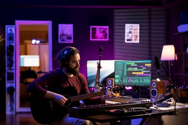 skilled-singer-producer-recording-guitar-tunes-adding-piano-key-sounds skilled-singer-producer-recording-guitar-tunes-adding-piano-key-sounds